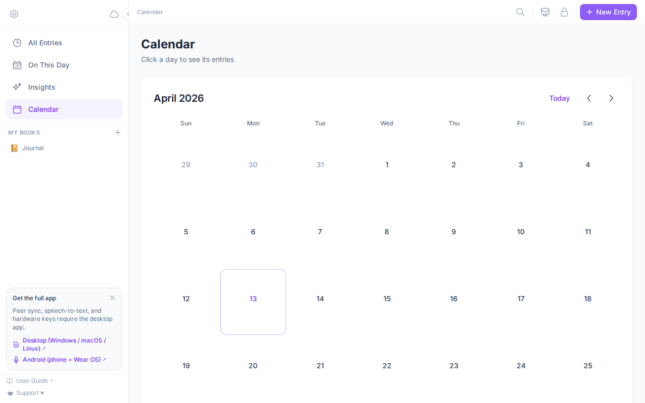 MoodHaven Journal calendar view — monthly mood heatmap with today highlighted